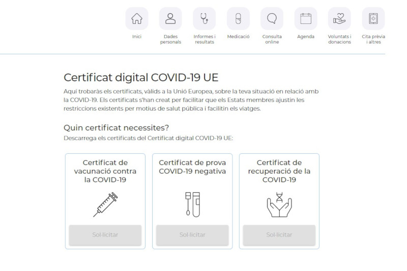 Screenshot of La Meva Salut website where Covid certificates will be available in the coming days 